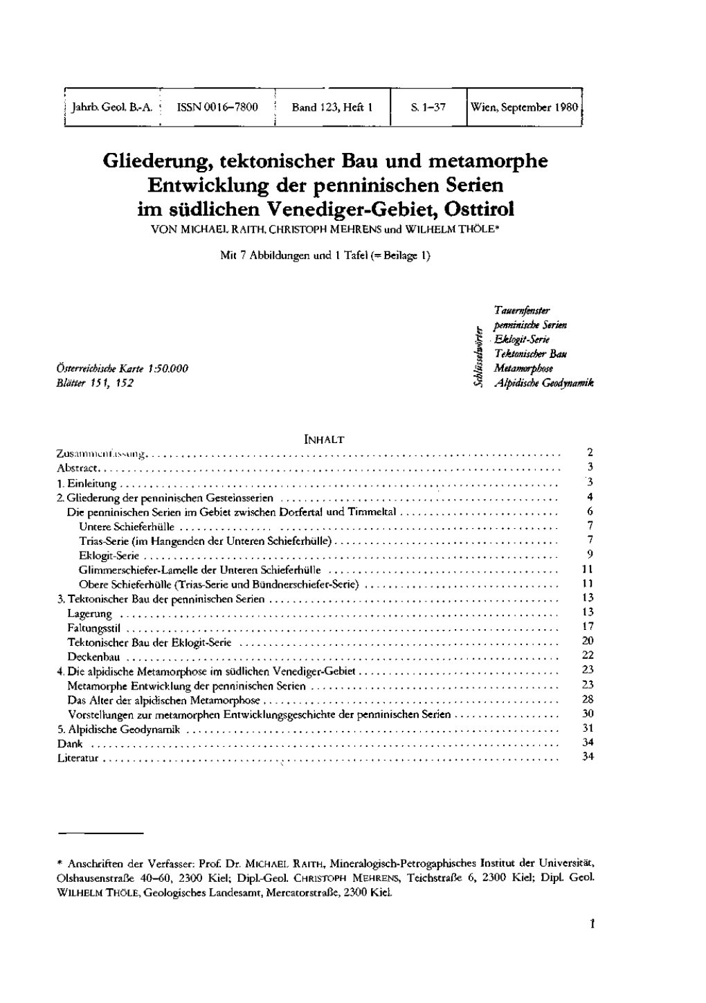 Gliederung, Tektonischer Bau Und Metamorphe Entwicklung Der Penninischen Serien Im Südlichen Venediger-Gebiet, Osttirol