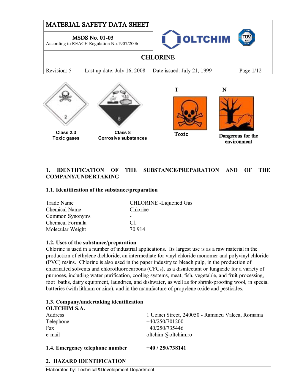 Material Safety Data Sheet Chlorine