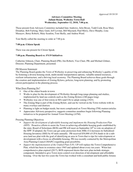 Approved 10/10/18 Advisory Committee Meeting Juliani Room, Wellesley Town Hall Wednesday, September 12, 2018, 7:00 P.M. Those P