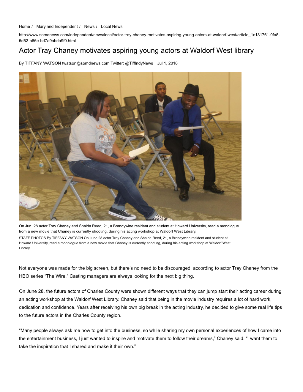 Actor Tray Chaney Motivates Aspiring Young Actors at Waldorf West Library
