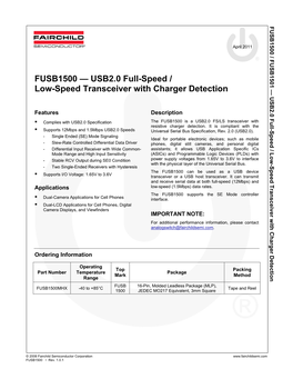 FUSB1500 — USB2.0 Full-Speed / Low-Speed Transceiver with Charger Detection