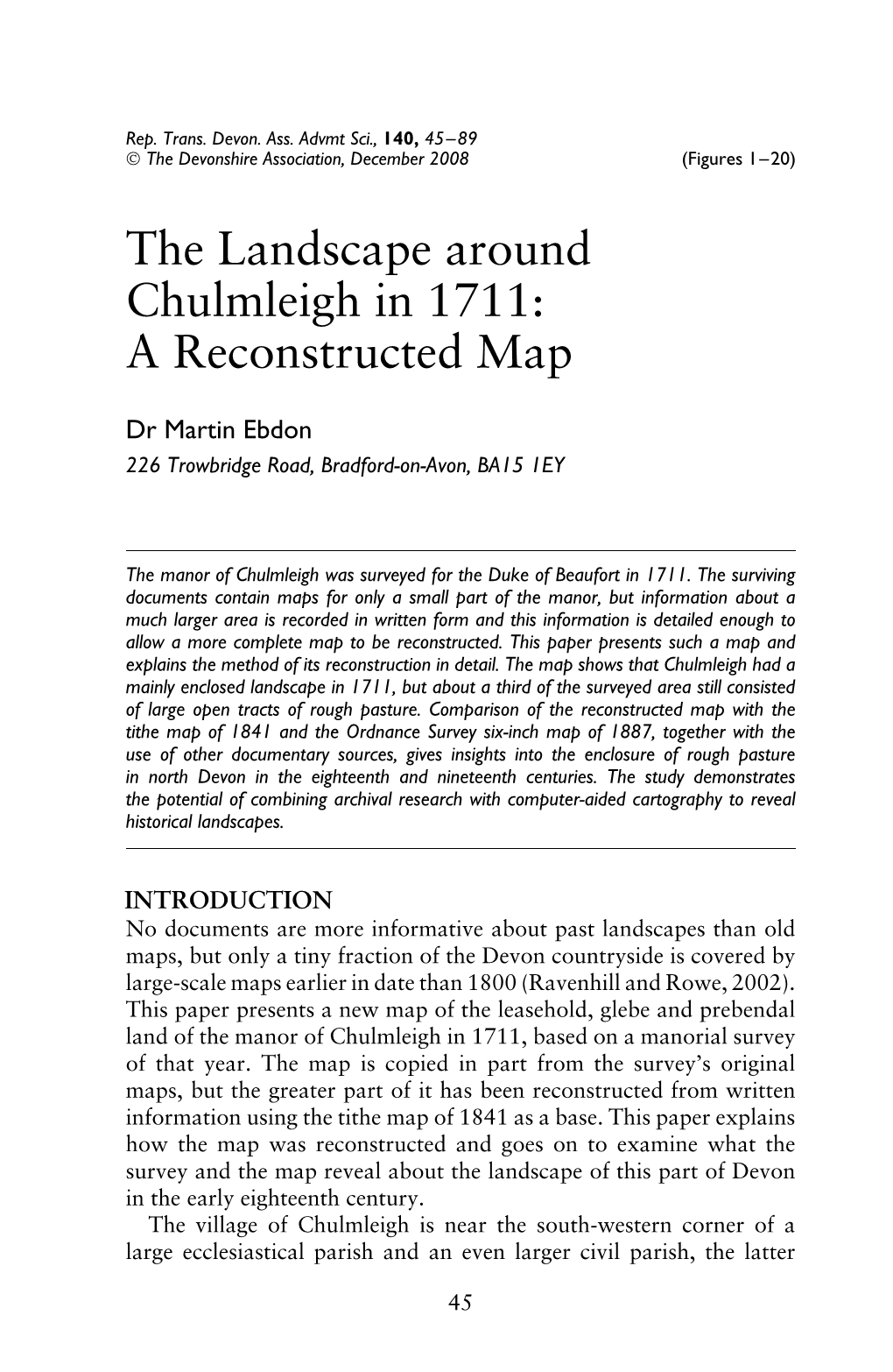 The Landscape Around Chulmleigh in 1711: a Reconstructed Map