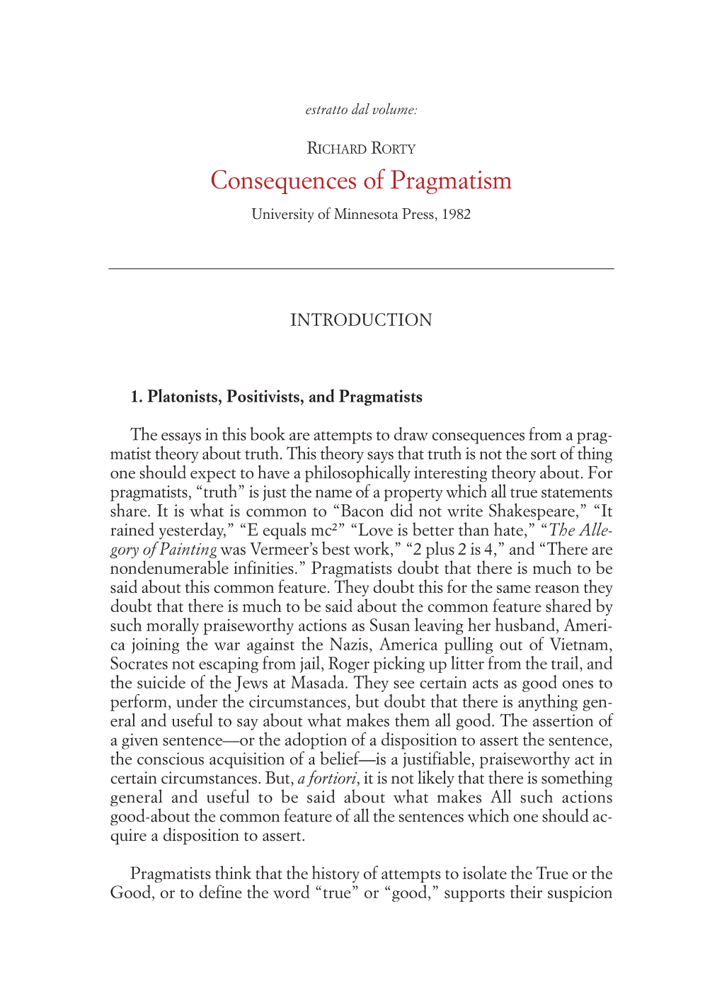 Consequences of Pragmatism University of Minnesota Press, 1982