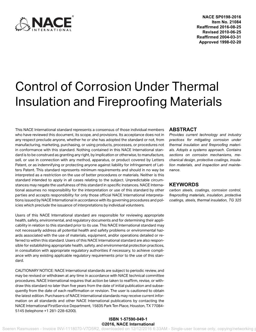 Control of Corrosion Under Thermal Insulation and Fireproofing Materials