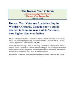 The Korean War Veteran Korean War Veterans Armistice Day in Windsor