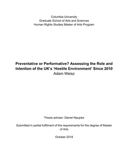 Preventative Or Performative? Assessing the Role and Intention of the UK's 'Hostile Environment' Since 2010 Adam Weisz