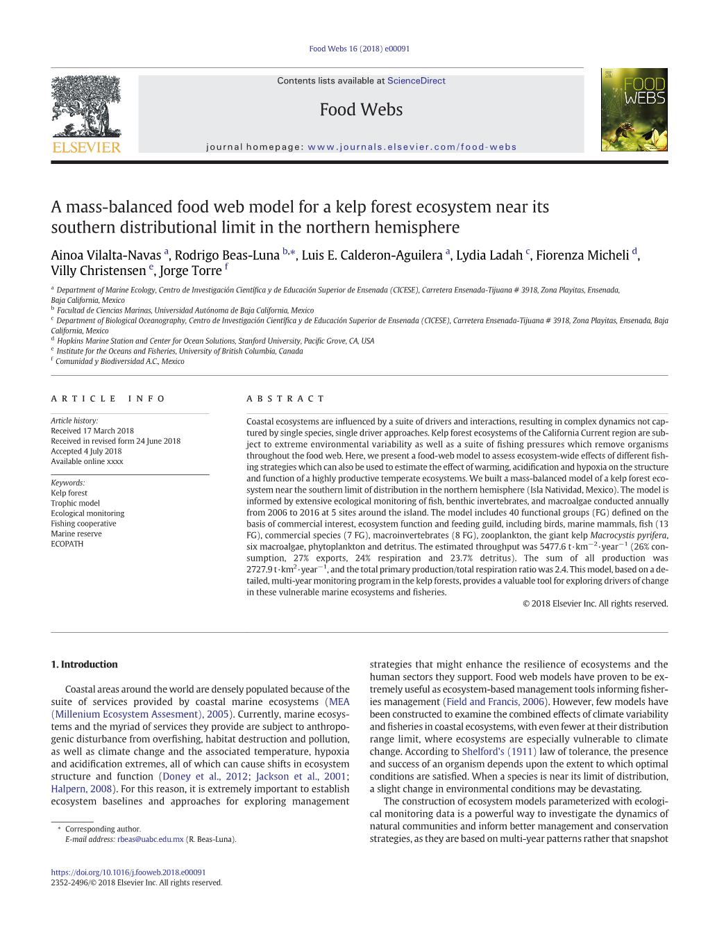 A Mass-Balanced Food Web Model for a Kelp Forest Ecosystem Near Its