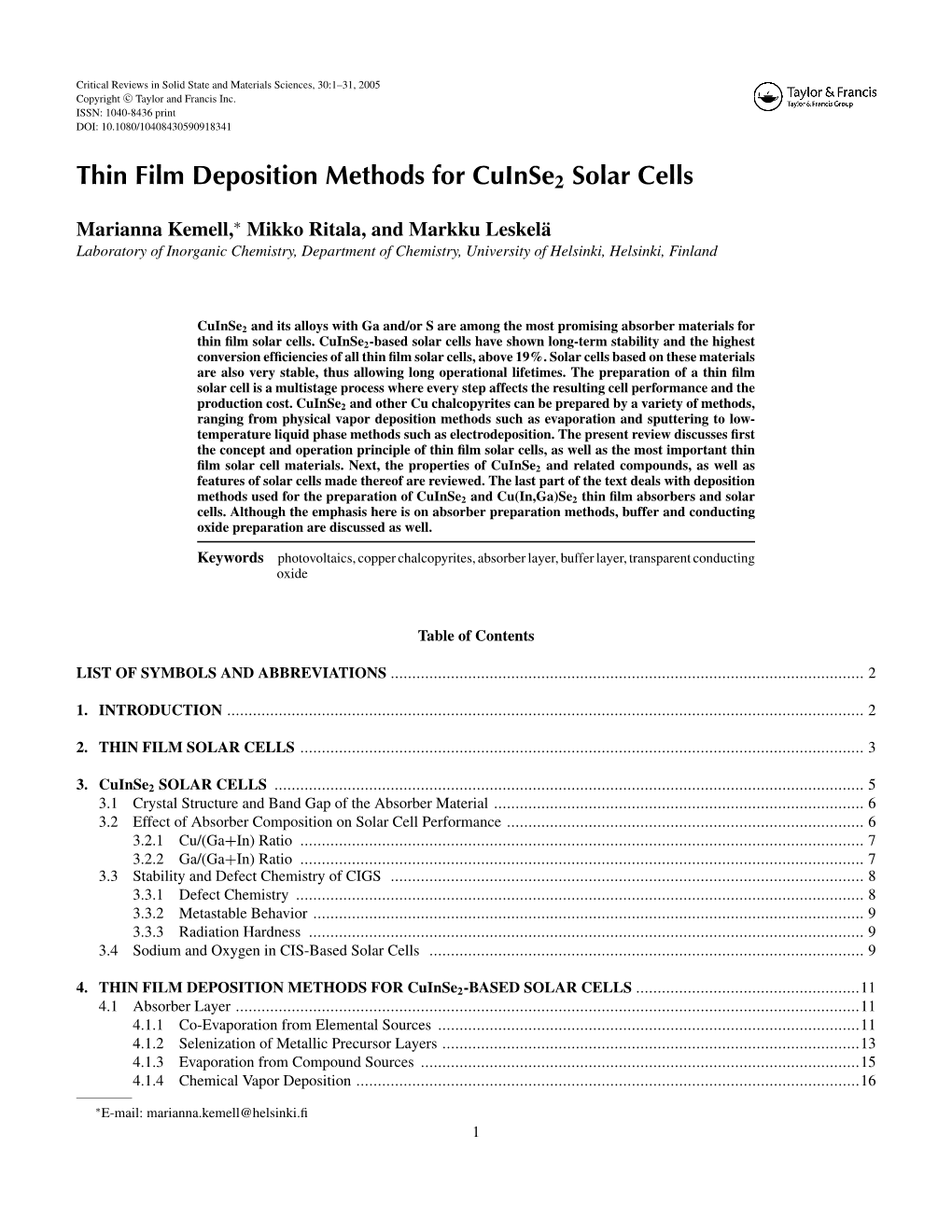 Thin Film Deposition Methods for Cuinse2 Solar Cells