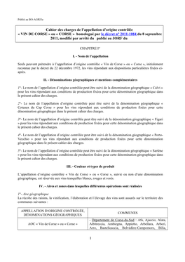 Cahier Des Charges De L'appellation D'origine Contrôlée Vin De Corse Ou