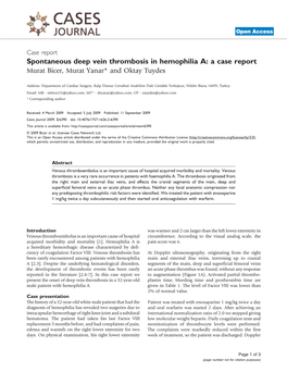 Spontaneous Deep Vein Thrombosis in Hemophilia A: a Case Report Murat Bicer, Murat Yanar* and Oktay Tuydes