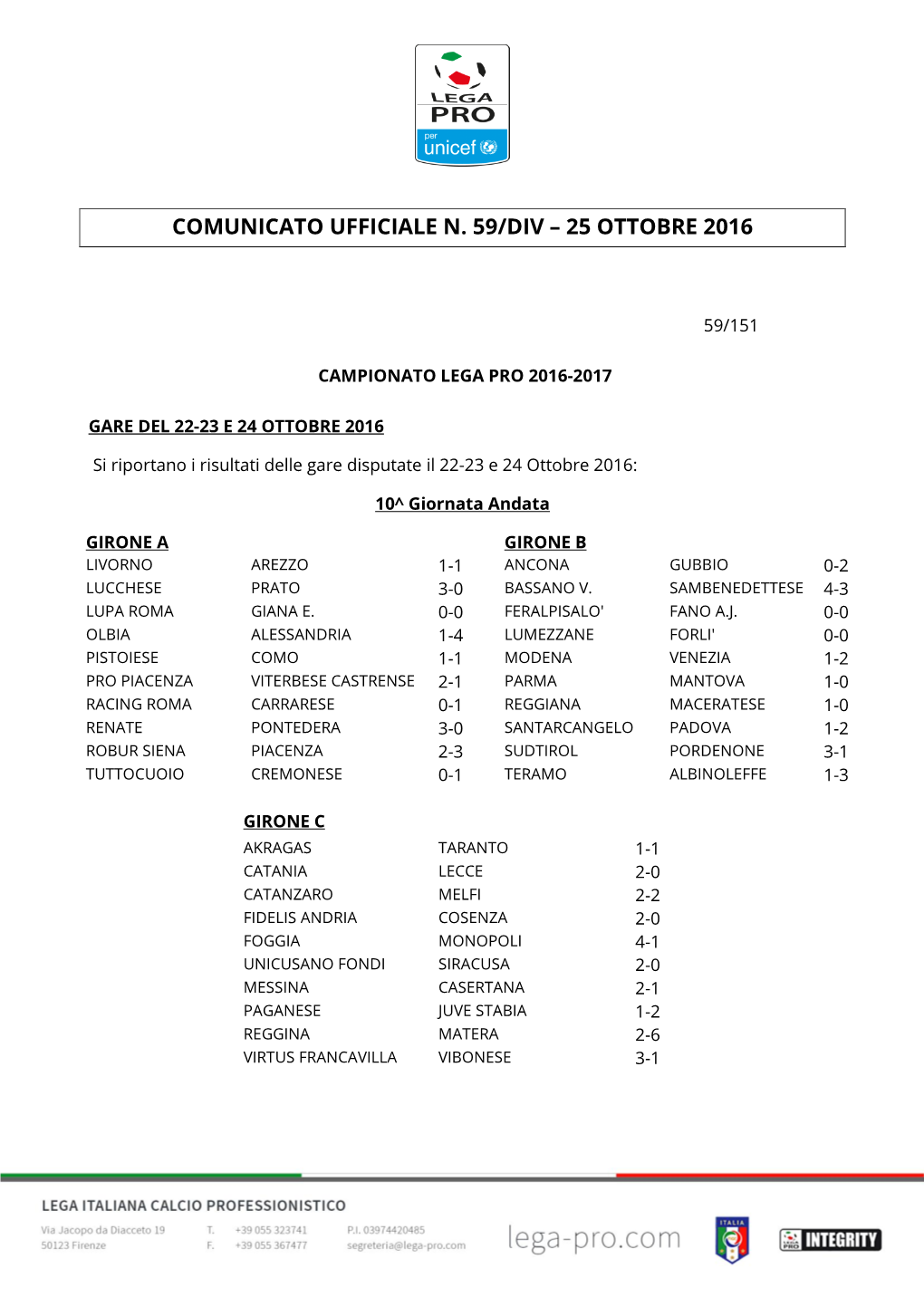 Comunicato Ufficiale N. 59/Div – 25 Ottobre 2016