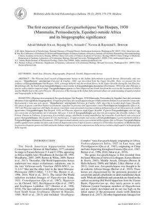 The First Occurrence of Eurygnathohippus Van Hoepen, 1930 (Mammalia, Perissodactyla, Equidae) Outside Africa and Its Biogeograph