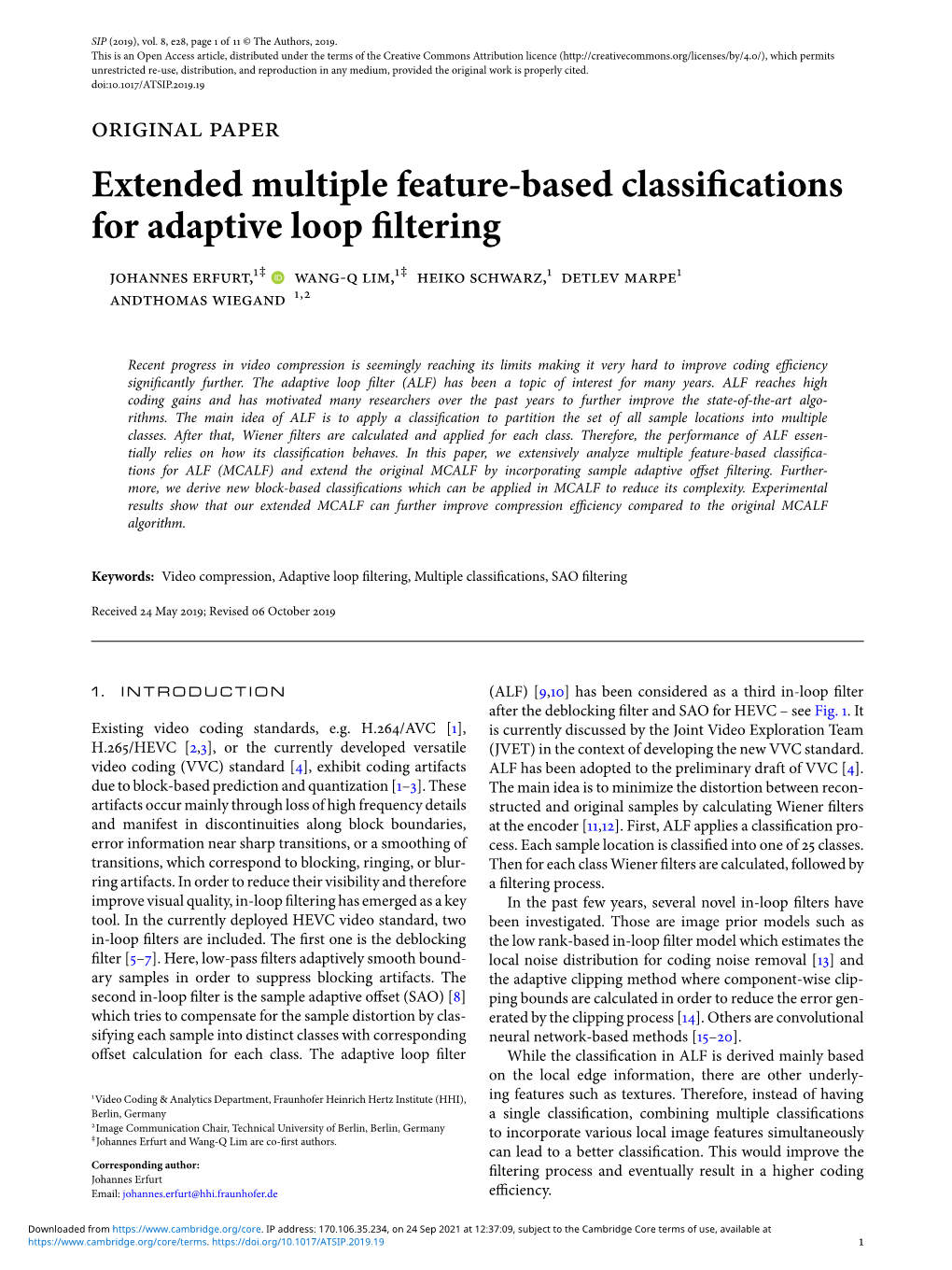 Extended Multiple Feature-Based Classifications for Adaptive Loop Filtering