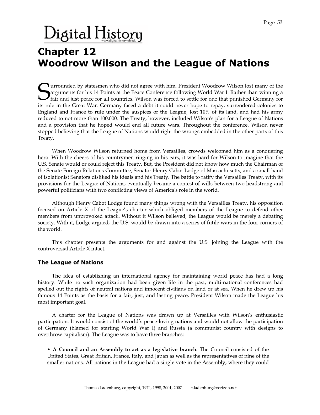 Chapter 12 Woodrow Wilson and the League of Nations