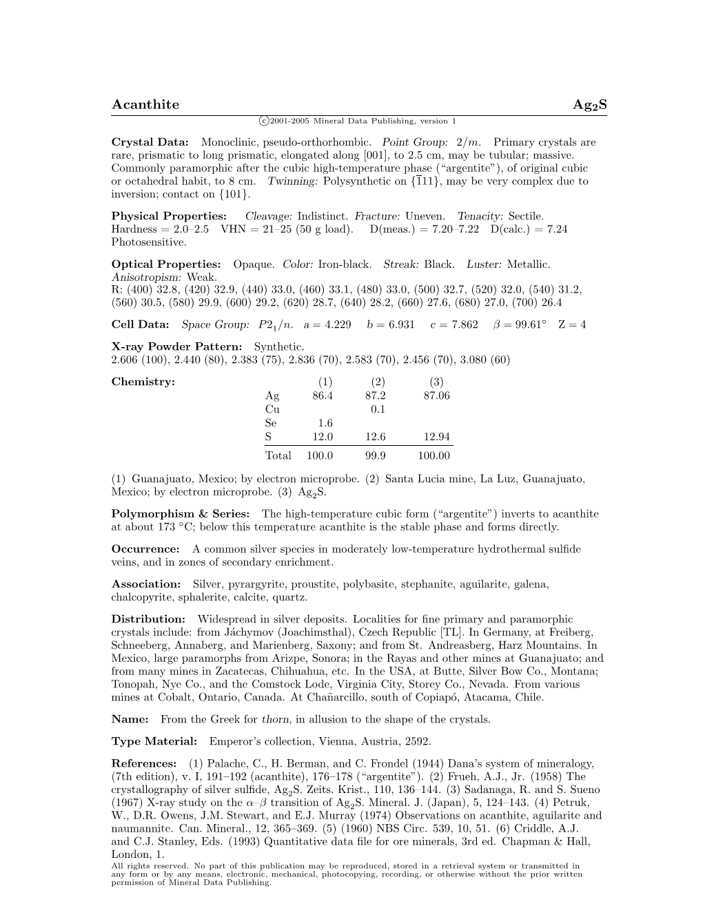 Acanthite Ag2s C 2001-2005 Mineral Data Publishing, Version 1 Crystal Data: Monoclinic, Pseudo-Orthorhombic