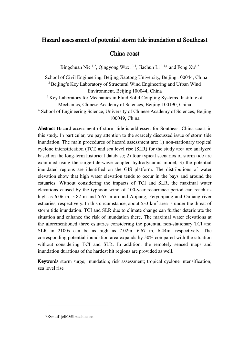 Hazard Assessment of Potential Storm Tide Inundation at Southeast China