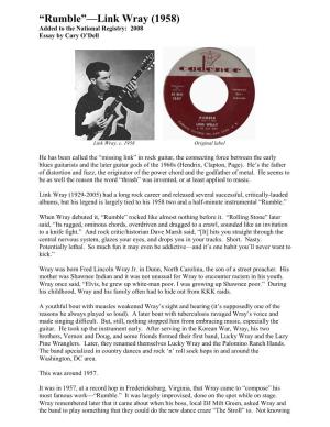 Rumble”—Link Wray (1958) Added to the National Registry: 2008 Essay by Cary O’Dell