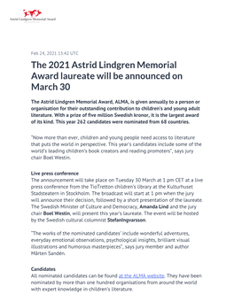 The 2021 Astrid Lindgren Memorial Award Laureate Will Be Announced on March 30
