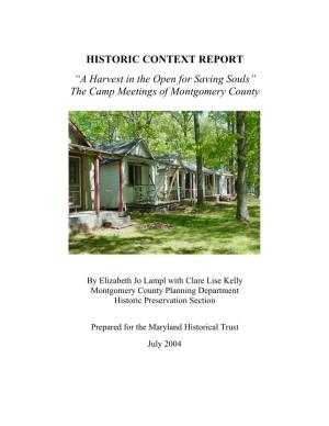 Historic Context Report: a Harvest in the Open for Saving Souls-The Camp Meetings of Montgomery County