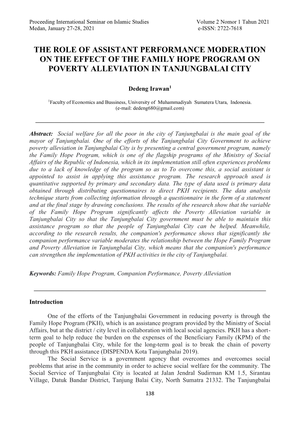 The Role of Assistant Performance Moderation on the Effect of the Family Hope Program on Poverty Alleviation in Tanjungbalai City