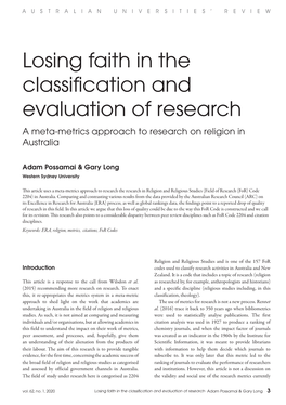 Losing Faith in the Classification and Evaluation of Research a Meta-Metrics Approach to Research on Religion in Australia