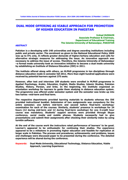 Dual Mode Offering As Viable Approach for Promotion of Higher Education in Pakistan