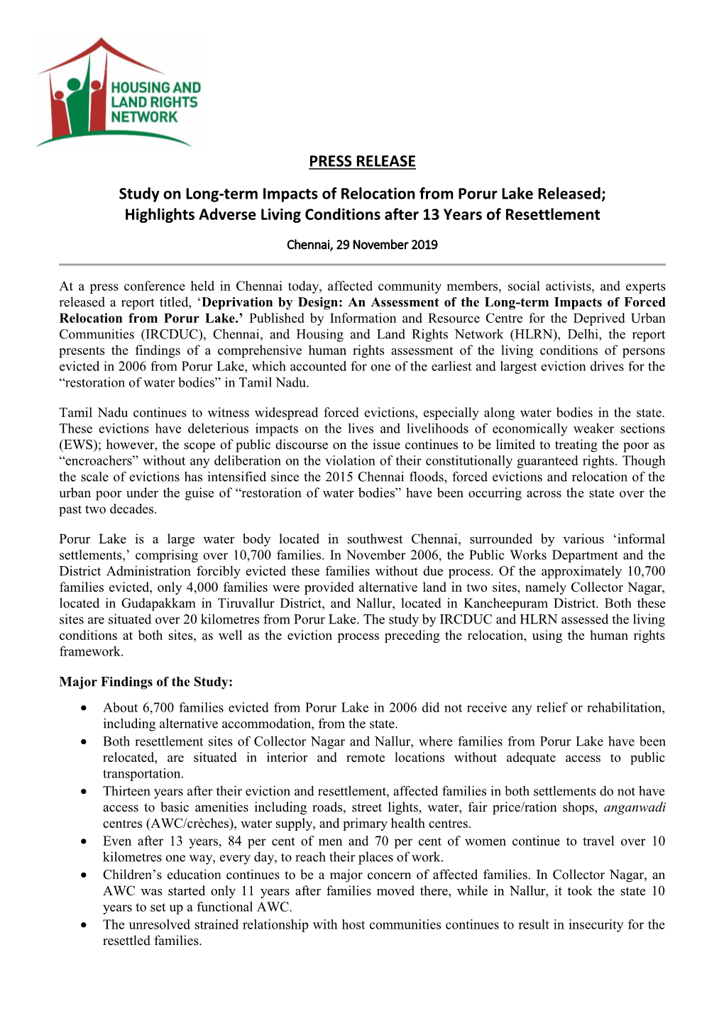 Study on Long-Term Impacts of Relocation from Porur Lake Released; Highlights Adverse Living Conditions After 13 Years of Resettlement