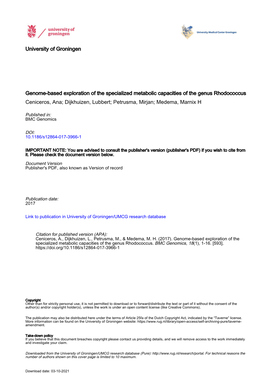 Genome-Based Exploration of the Specialized Metabolic Capacities of the Genus Rhodococcus Ceniceros, Ana; Dijkhuizen, Lubbert; Petrusma, Mirjan; Medema, Marnix H