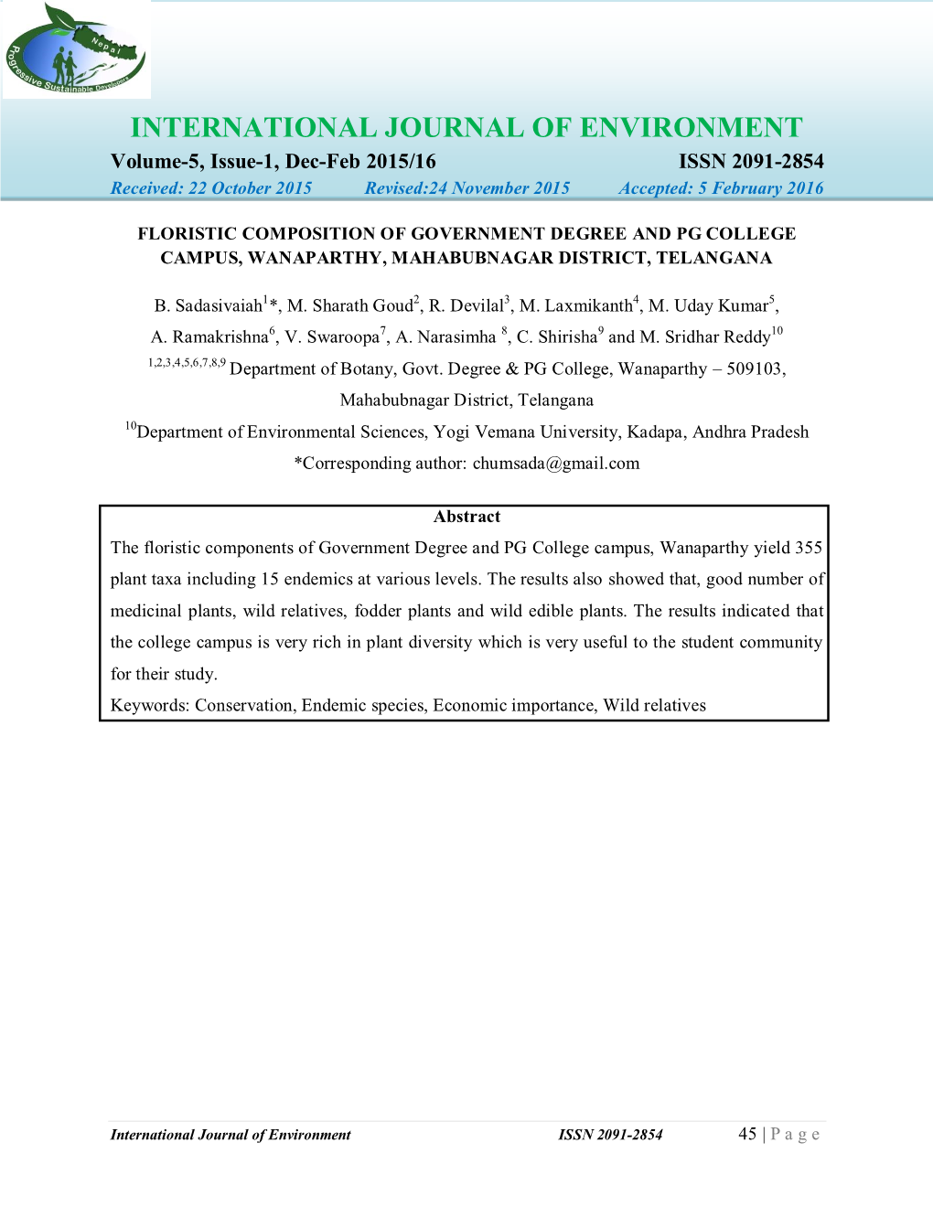 INTERNATIONAL JOURNAL of ENVIRONMENT Volume-5, Issue-1, Dec-Feb 2015/16 ISSN 2091-2854 Received: 22 October 2015 Revised:24 November 2015 Accepted: 5 February 2016