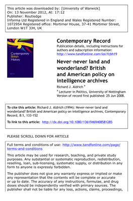 Never‐Never Land and Wonderland? British and American Policy on Intelligence Archives Richard J