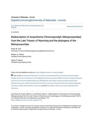 Redescription of Anaschisma (Temnospondyli: Metoposauridae) from the Late Triassic of Wyoming and the Phylogeny of the Metoposauridae