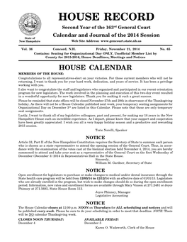 HOUSE RECORD Second Year of the 163Rd General Court Calendar and Journal of the 2014 Session State of New Hampshire Web Site Address
