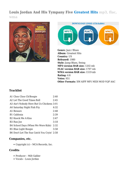 Louis Jordan and His Tympany Five Greatest Hits Mp3, Flac, Wma