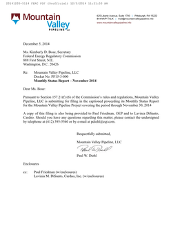 December 5, 2014 Ms. Kimberly D. Bose, Secretary Federal Energy