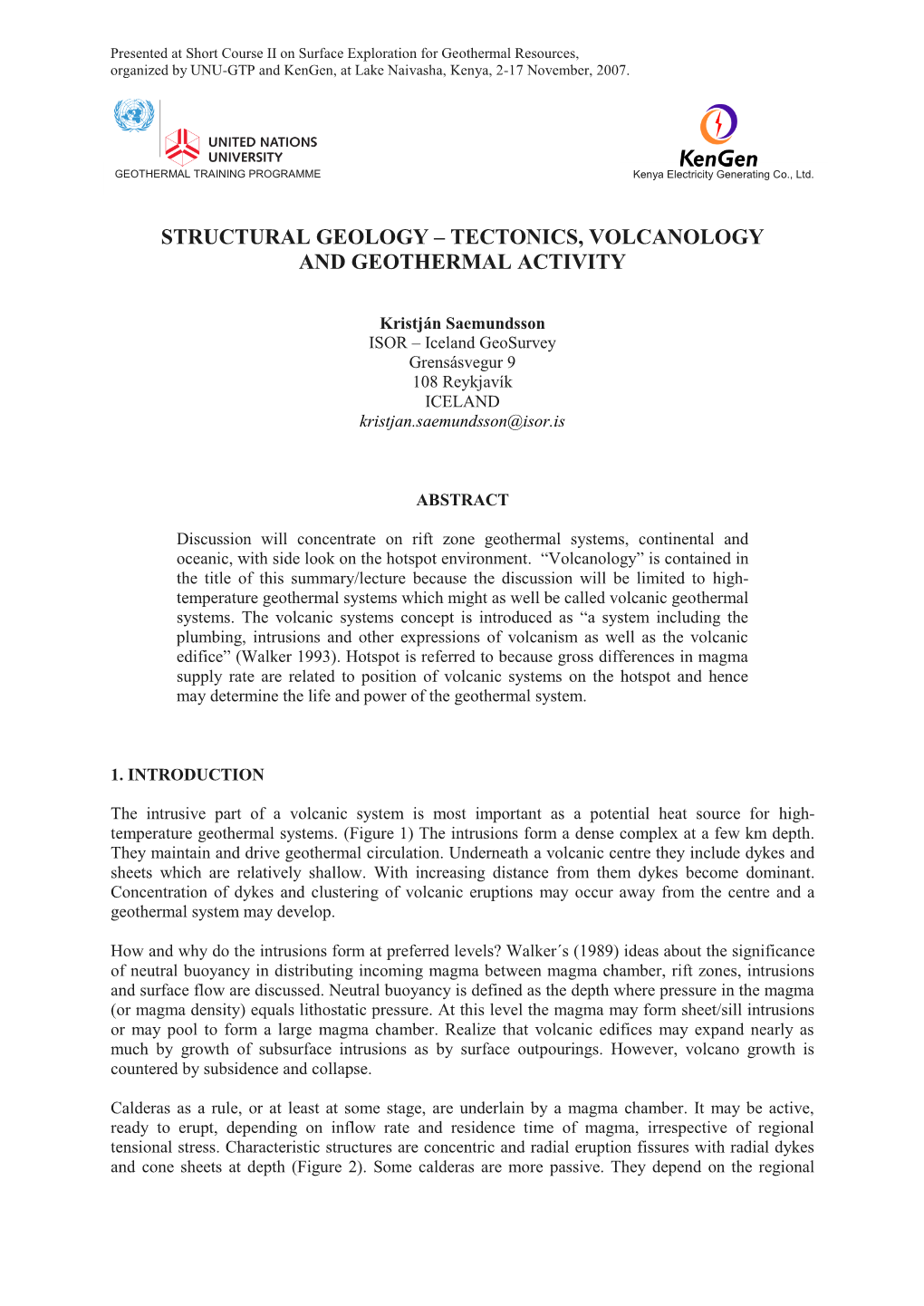 Tectonics, Volcanology and Geothermal Activity