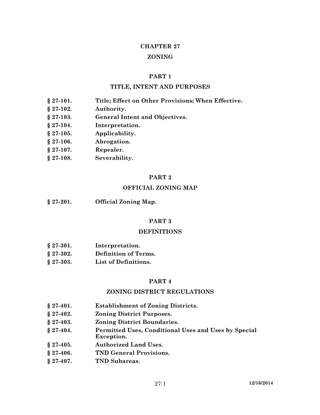 Chapter 27 Zoning Part 1 Title, Intent and Purposes