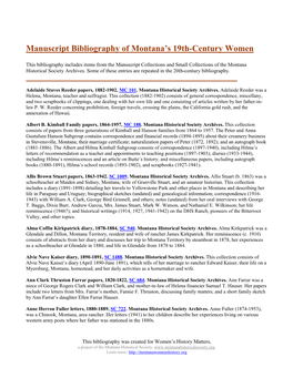 Manuscript Bibliography of Montana's 19Th-Century Women