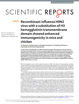 Recombinant Influenza H9N2 Virus with a Substitution of H3