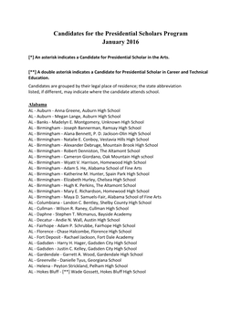 Candidates for the Presidential Scholars Program January 2016