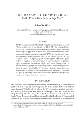 THE ECONOMIC FREEDOM FIGHTERS South Africa’S Turn Towards Populism?1