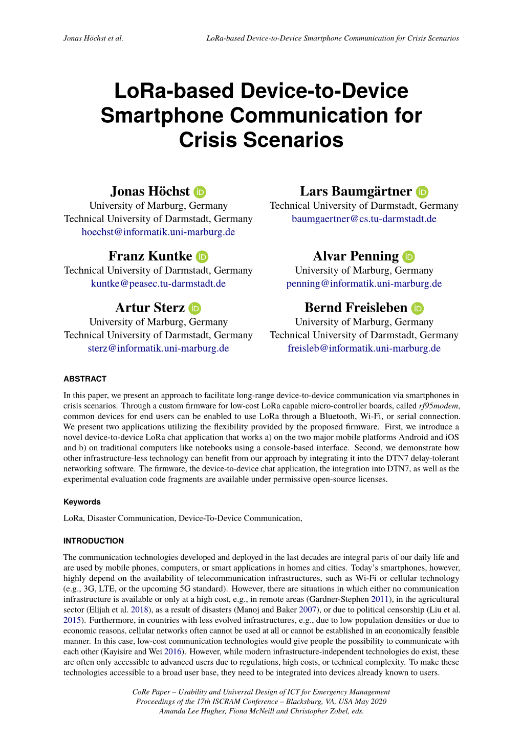 Lora-Based Device-To-Device Smartphone Communication for Crisis Scenarios