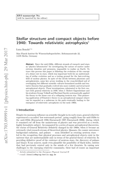 Stellar Structure and Compact Objects Before 1940: Towards Relativistic