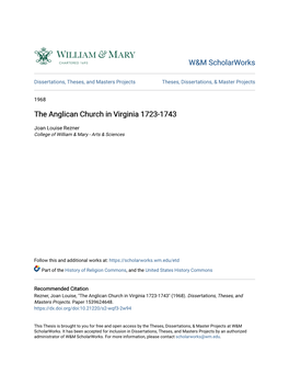 The Anglican Church in Virginia 1723-1743