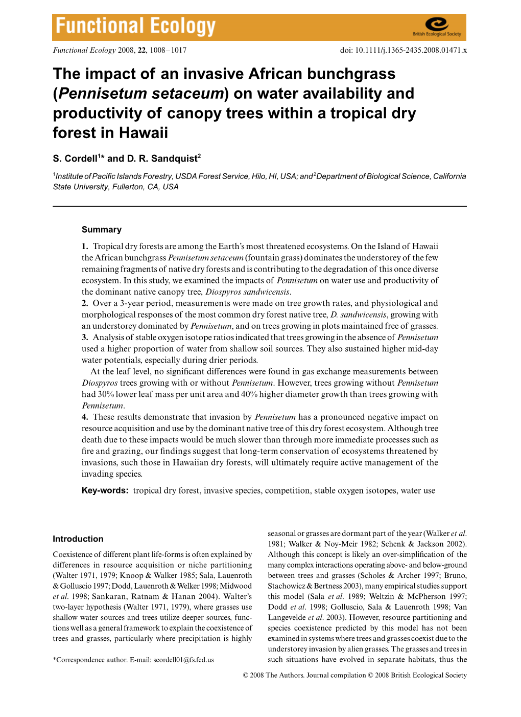 Pennisetum Setaceum) on Water Availability and Productivity of Canopy Trees Within a Tropical Dry Forest in Hawaii