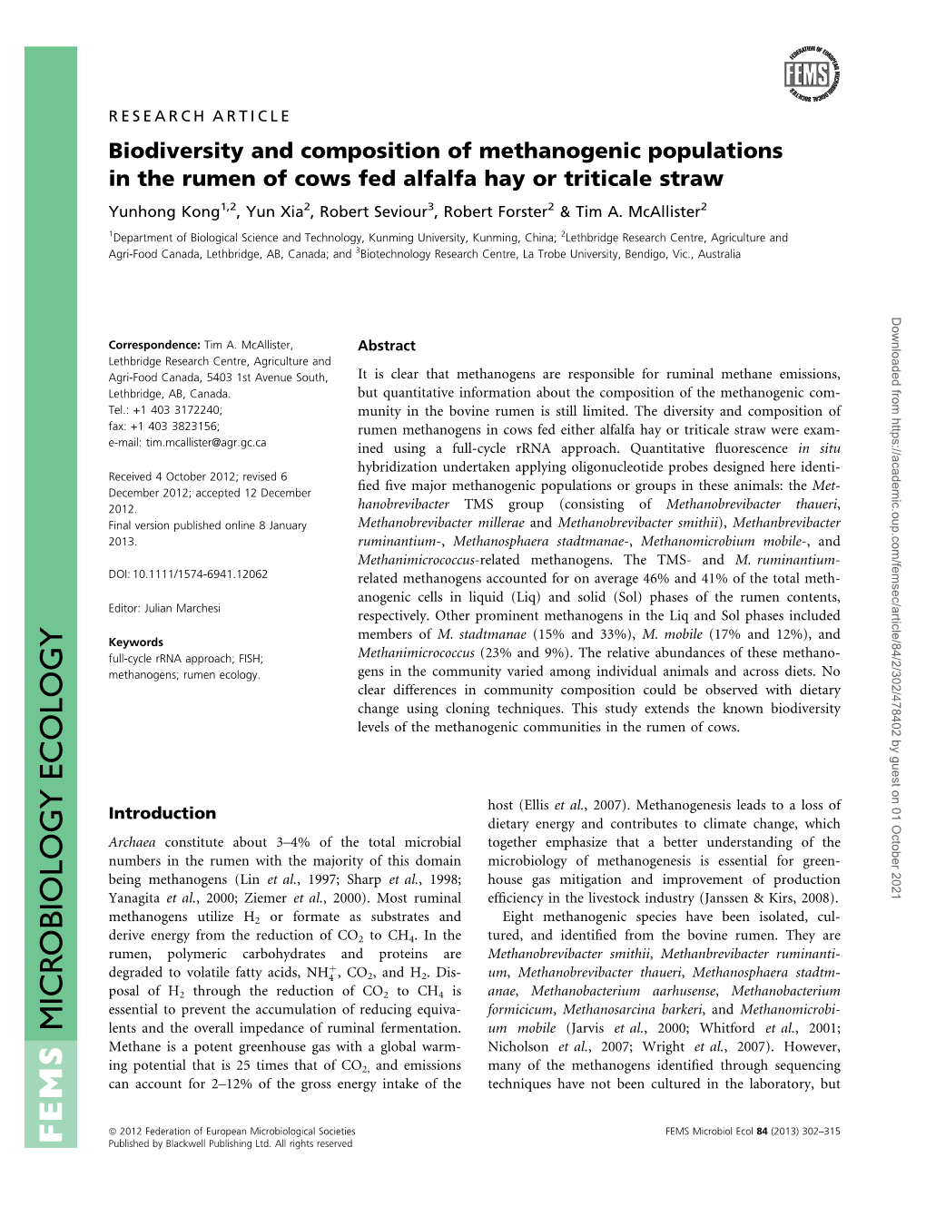 Biodiversity and Composition of Methanogenic Populations in The