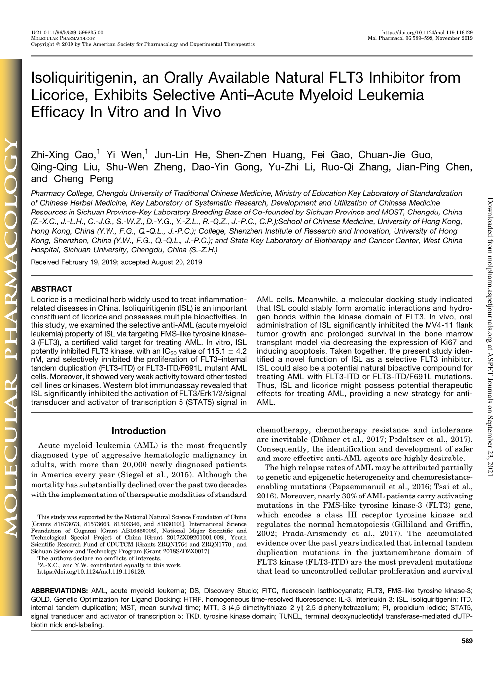 Isoliquiritigenin, an Orally Available Natural FLT3 Inhibitor from Licorice, Exhibits Selective Anti–Acute Myeloid Leukemia Efficacy in Vitro and in Vivo