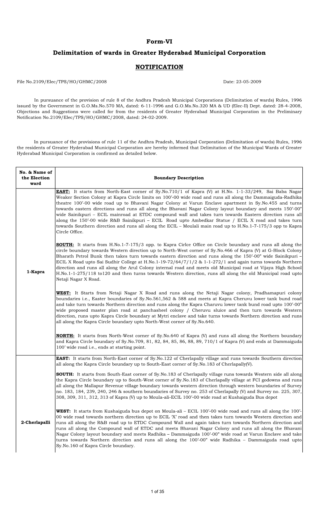 Form-VI Delimitation of Wards in Greater Hyderabad Municipal Corporation NOTIFICATION