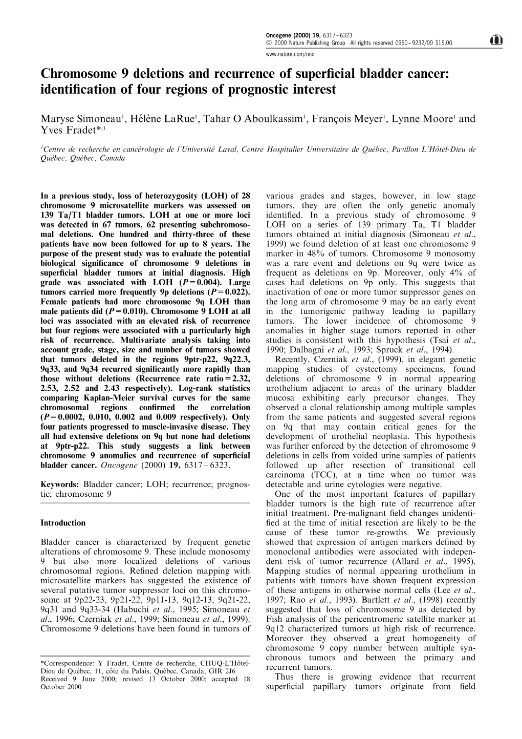 Chromosome 9 Deletions and Recurrence of Superficial