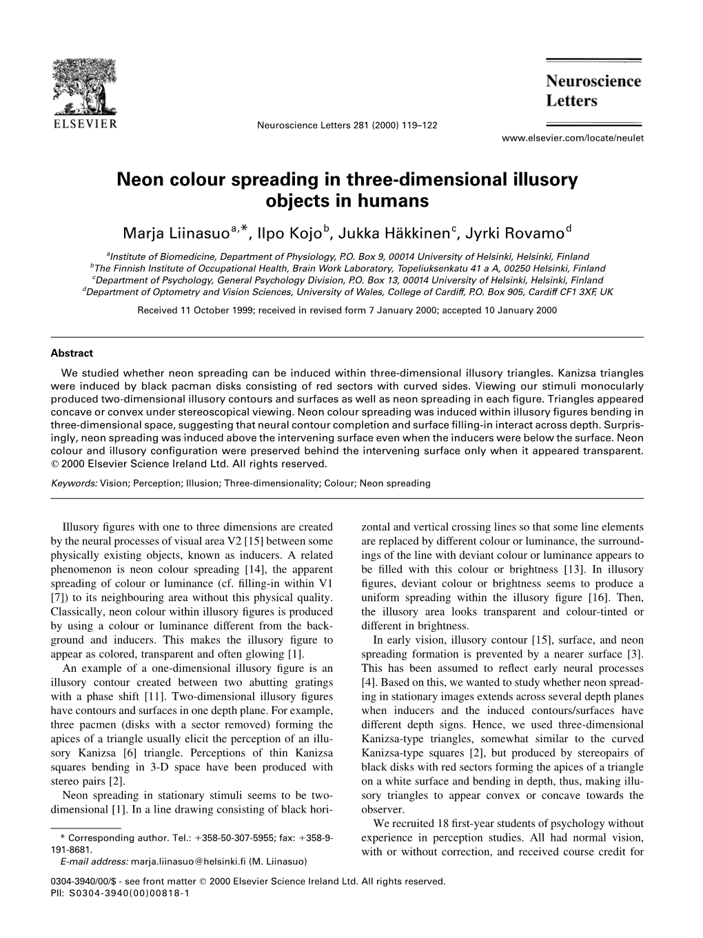 Neon Colour Spreading in Three-Dimensional Illusory Objects in Humans