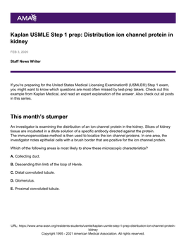 Kaplan USMLE Step 1 Prep: Distribution Ion Channel Protein in Kidney